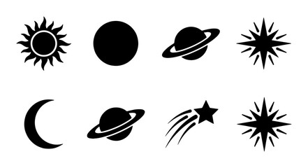 Minimalist celestial icon set, black silhouette space symbols including sun moon and planets, 8 vector astronomy elements for graphic design © Shohag