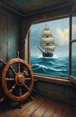 Fototapeta premium Oil painting shows large sailing ship on wavy sea viewed through window with wooden ship wheel inside. Stormy clouds gather over ocean waves. Vintage nautical scene.