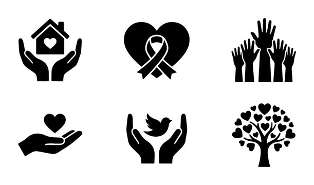 Charity and donation icon set, 6 black vector symbols for non-profit organizations, community support and volunteer work illustrations