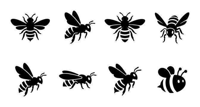 Honey bee silhouette icon set, black bumblebee vector illustrations, 8 flying insect graphic elements for honey production branding and logo design
