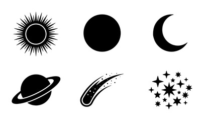 Celestial space icons set, black silhouette astronomy symbols including sun and moon, 6 vector elements of planets and stars for astrology design © Ruma