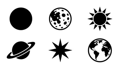 Minimalist celestial icon set, black flat vector planets and stars, collection of 6 astronomy symbols including earth sun and moon for science design © Ruma