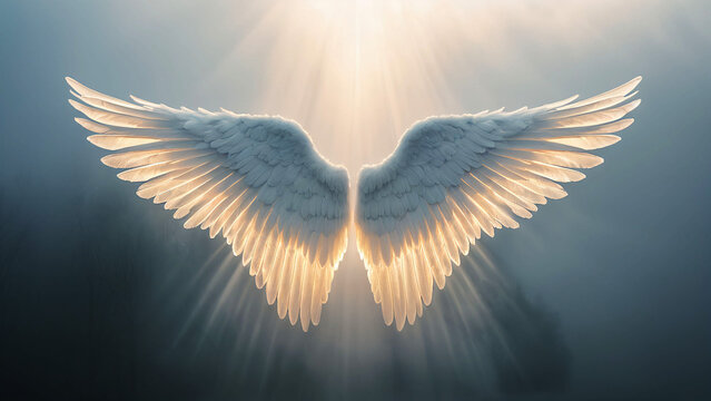 Angel wings illuminated by warm divine light rays