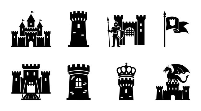 Medieval castle icons set, black silhouette fortress and knight symbols, 8 vector elements of fantasy kingdom architecture and heraldry