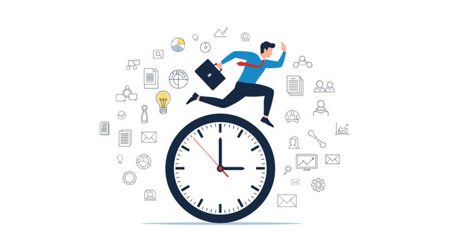 Determined businessman running on top of a giant clock surrounded by various business and productivity icons representing a time race.