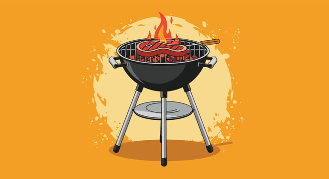 Thick juicy steak cooking on a round charcoal grill with bright orange flames and a splatter background representing outdoor summer cooking events.