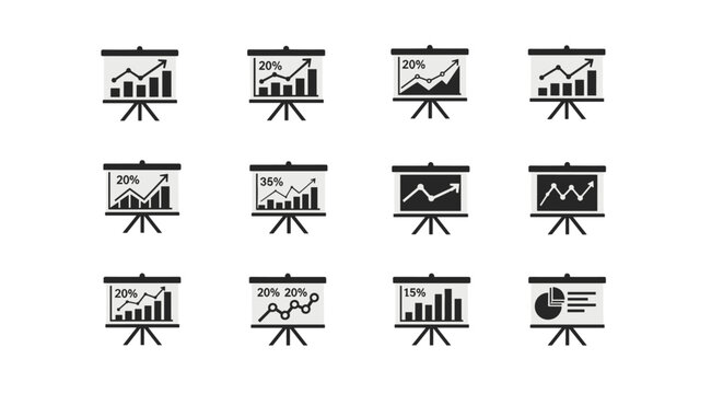 Set of presentation whiteboard icons showing various financial data charts, percentage growth, and analytical graphs for reporting.