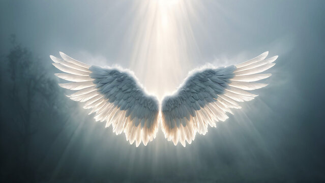 Angel wings with rays of light heavenly background