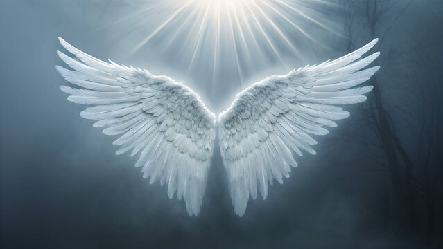 Symmetrical glowing angel wings with soft rays background