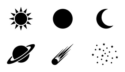 Minimalist celestial icon set, black silhouette space symbols including sun and moon, 6 vector astronomy elements for web design and infographics © Hasanu