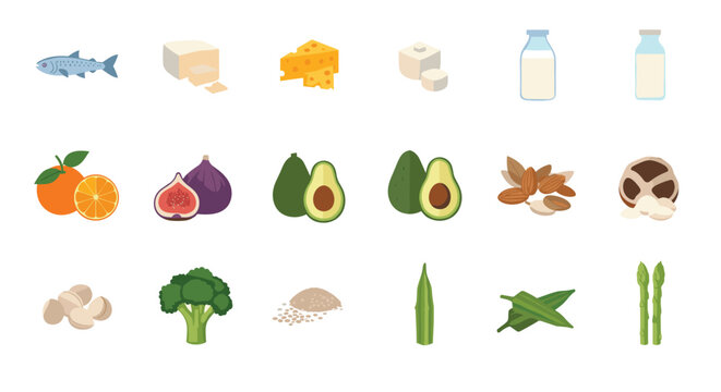 Healthy food icons collection including fatty fish, dairy products, avocados, nuts, broccoli, and grains for a balanced and organic diet plan.