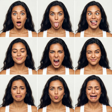 Page 2 of Multi frame beautiful woman character sheet nine highly expressive facial reactions hand gestures. Sad, Silly, Angry, screaming Character Expressions Sheet  Facial Poses, Generative AI.