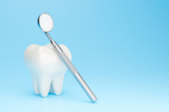 Tooth and dental mirror. Blue background. Copy space. 3d render