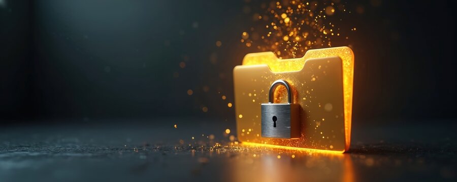 Golden digital folder with metal lock and glowing particles. Secure data storage concept. Cyber privacy and confidential information protection idea. Safe digital asset management.