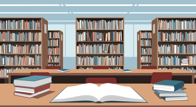 Quiet library interior featuring many wooden bookshelves filled with colorful books and empty study tables for learning.