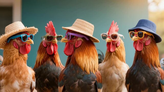 Group of chickens stand side by side wearing sunglasses and hats, creating a playful humorous scene with anthropomorphic styling and bright colorful accessories.