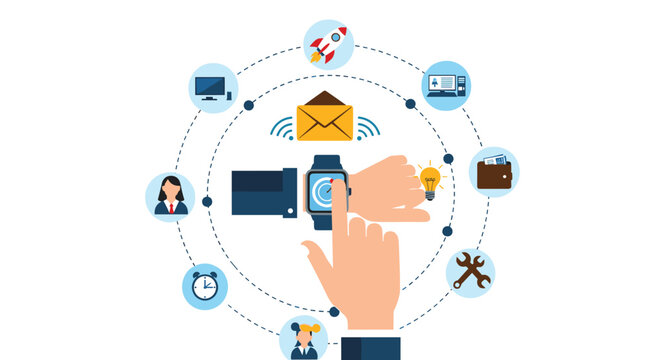 Concept of smart watch technology showing a hand using the device surrounded by various icons for apps communication and daily tasks.