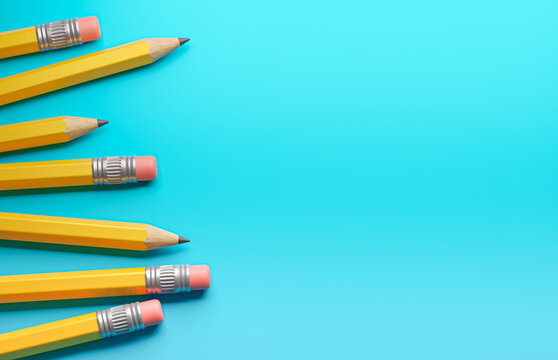 Yellow pencils on a blue background. Template Copy space for text. mockup. 3d render
