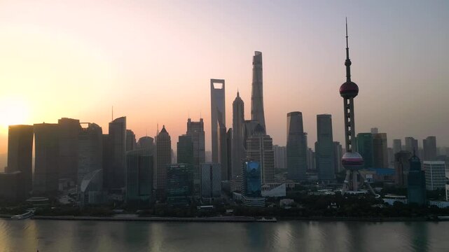 The skyscraper of Oriental Pearl TV Tower in Pudong landmarks is a district of Shanghai, China, located east of the Huangpu River across from the historic city.