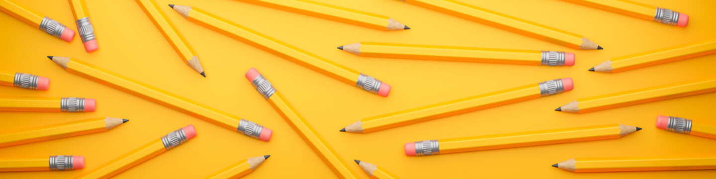 Pattern of pencils banner on a yellow background. 3d render