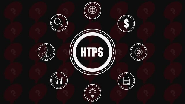 H T P business strategy concept with representing growth analysis planning and finance on a dark background with question marks.