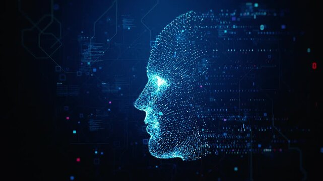Digital human face formed by data points and neural connections, representing artificial intelligence, machine learning, big data, and advanced technology systems. Technology digital background