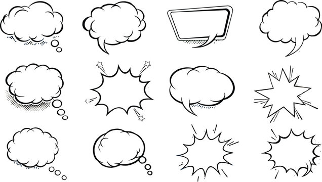 Comic Style Speech Bubble and Burst Icons Set for Thoughts, Dialogue, and Action Effects in Comics, Cartoons, and Digital Media