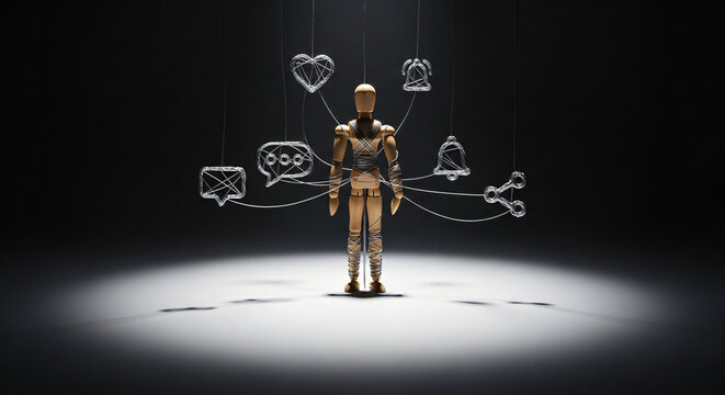 Wooden mannequin controlled by strings connected to social media icons symbolizing online addiction and digital manipulation influencing life decisions.
