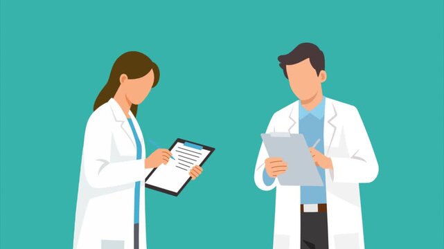 Video animation motion graphic of doctor discussing medical report with other doctor 2D flat cartoon stock footage 4K high quality