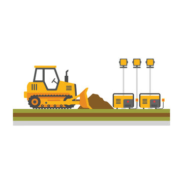 This vector illustration shows a yellow bulldozer moving a pile of dirt next to a set of mobile power generators and lighting towers.
