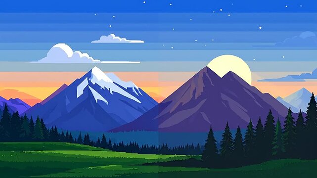 A beautiful landscape illustration featuring mountains, trees and a colorful sunset in the sky
