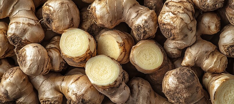 Bountiful Display of Freshly Harvested Organic Beige Ginger Roots in Abundant Natural Arrangement