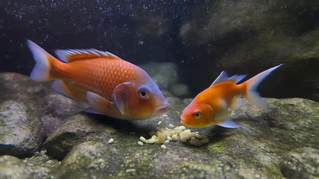video of a redhead Oranda and a goldfish feeding on leftover food resting on a 