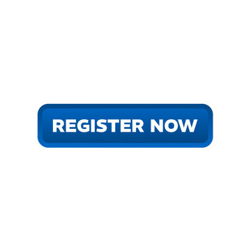 Register now, blue rectangular 3d button - vector illustration