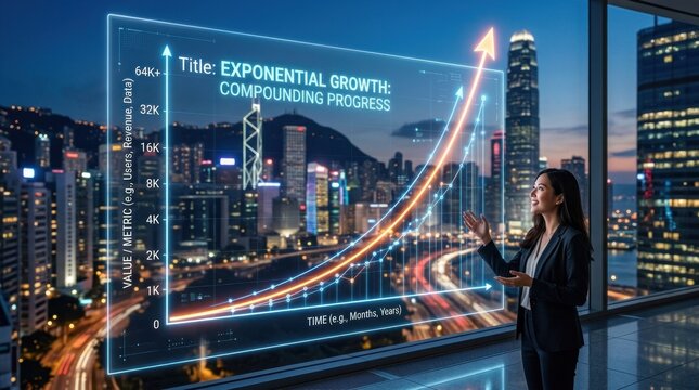A businesswoman standing in a modern office with a large screen displaying an exponential growth graph.