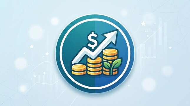A blue and white circular icon with a dollar sign and an upward arrow, set against a light blue background with a grid pattern and a few scattered light spots.