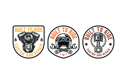 Motorcycle club with engine, helmet, and piston retro badge logo design set for repair. Custom garage vintage patch sticker pack with helmet, screwdriver, engine, piston. Vector Illustration