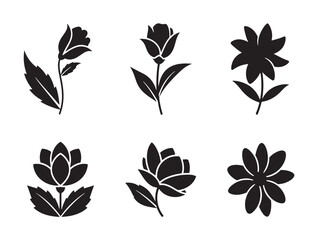Fototapeta premium Six elegant black floral silhouette vector illustrations with leaves, flat design