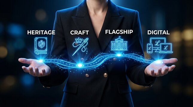 A businesswoman presenting a digital concept with heritage, craft, and flagship elements in a modern and professional setting.