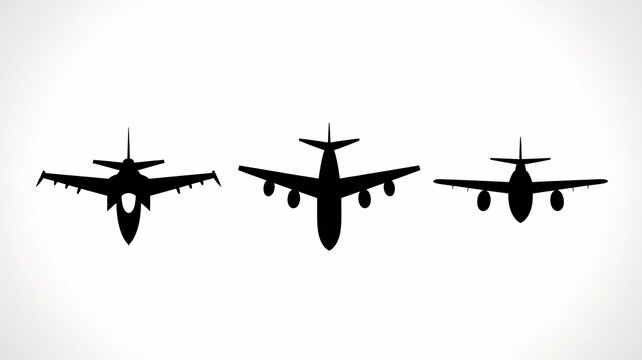Three black silhouettes of airplanes flying in formation against a white background