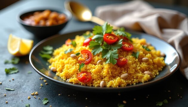 Yellow Indian meal, likely poha or upma, garnished with cherry tomatoes and fresh cilantro. Served on dark plate with side of chana masala. Simple presentation.