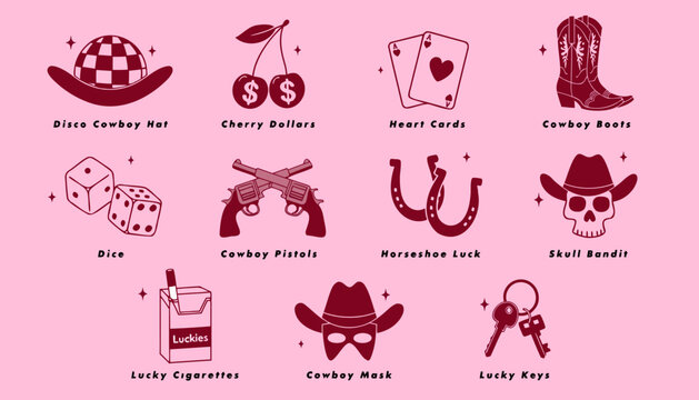 A collection of twelve stylized, line-art icons set against a light pink background, blending Western cowgirl aesthetics with retro "Vegas" or outlaw themes.