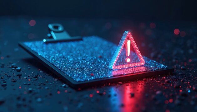 Digital clipboard with glowing alert symbol. Neon hazard sign on dark background. Futuristic warning notification, business risk, cyber security alert, data error concept.