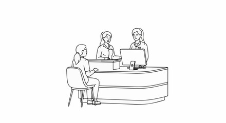 Obraz premium Three people interact at a reception desk with a computer and documents