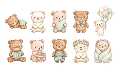 Fototapeta premium Watercolor Teddy Bear Clipart Set — 10 Cute Bear Character Sleeping Reading Tea Party Nursery Illustration