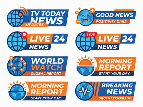 Television news broadcast lower third banners and global media update labels