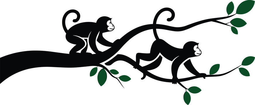 Two playful monkey silhouettes swinging on a leafy tree branch vector illustration isolated on white background for nursery wall decal and jungle theme designs