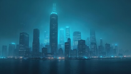 Naklejka premium Futuristic city skyline at night. Tall glass skyscrapers glow with neon blue lights. Calm water reflects the urban panorama. Moody atmosphere, dark blue cyan tones.