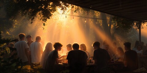 Naklejka premium Group of friends sharing a meal in a forest during sunset with light rays filtering through trees
