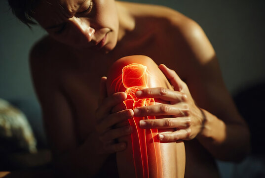 A man is holding his knee, with a superimposed image highlighting the joint and suggesting pain or injury. It appears to be in a dimly lit bedroom.